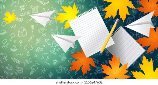 Back to school. Bright maple leaves, lined paper, pencil and paper airplane on  background of chalkboard. hand drawn elements pattern. Vector background, horizontal banner