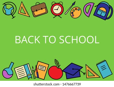 Back to school bright poster design. School icons at the light green background. A4/A5 standard scaled size. Vector illustration  
