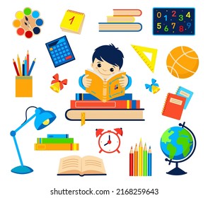 Back to school. Bright set of school icons on a white background. Goods for schoolchildren.