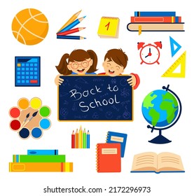 Back to school. Bright set of school icons on a white background. Goods for schoolchildren.
