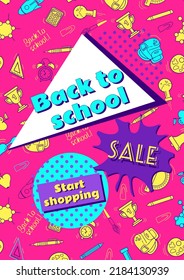 Back to school. Bright vector vintage banner in cartoon comic style. Learning symbols, neon colors of 90s. Educational supplies - backpack, globe. For advertising banner, website, poster, sale flyer