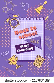 Back to school. Bright vector vintage banner in violet colors of 90s cartoon style. Learning symbols. Writing utensils pens, pencils and rulers. For advertising banner, website, poster, sale flyer