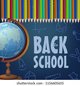 Back to school brochure design with colored pencils, globe and dark blue chalkboard in background. Text can be used for signs, posters, banners