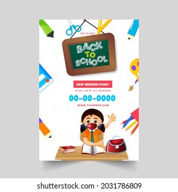 Back To School Brochure Template Layout With Student Girl Wearing Mask And Supplies Elements On White Background.