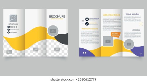 Back to School Brochure Template. Modern Trifold Design for Education Promotion. Stylish back-to-school brochure trifold template featuring a wave layout in yellow, gray, and purple
