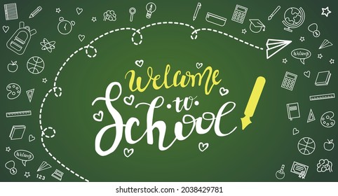 Zurück zu Schulbürstelierplakat, Banner, Postkartendesign, Vektorgrafik einzeln auf grünem Hintergrund. Hand, die auf Schulposter, Banner, Karte zurückgeschrieben ist