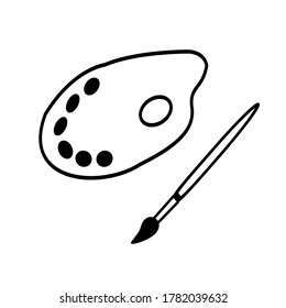 
Back to school. Brush and paint in doodle style isolated on white background. Signature Icon. Vector outline illustration. Can be used as an icon or symbol. Decor element. Hand drawn black sketch.