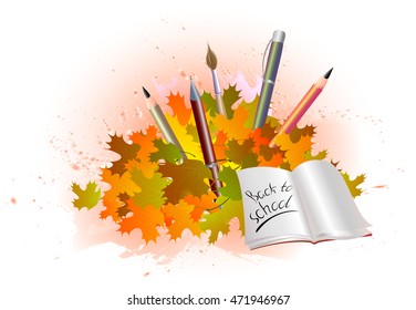 Back to school. Brush, pens and pencils with autumn leaves on the background of watercolor stains. EPS10 vector illustration