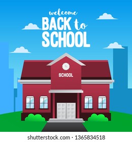 back to school with school building cartoon style colorful from front view. Vector illustration