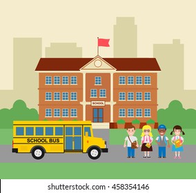 back to school building children bus concept illustration