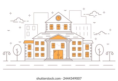 De vuelta a la escuela. Edificio escolar. Ilustración vectorial lineal. Ilustración vectorial aislada sobre fondo blanco.