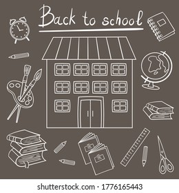 Back to school. School building and school supplies. White outline on a brown background, imitation of chalk drawings on a blackboard
