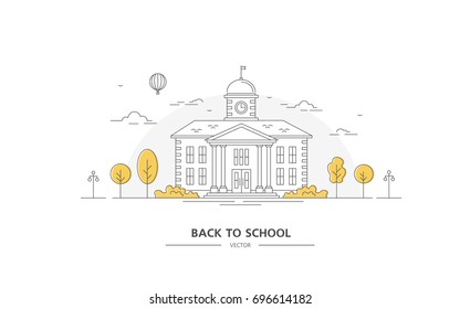 Back to school. Building with trees. Line art. Vector illustration. Poster and banner on Education