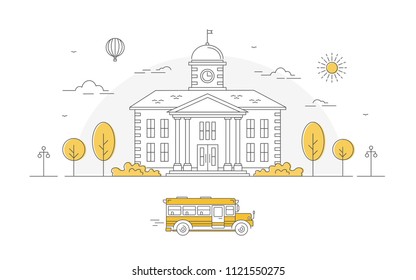 Back to school. Building, trees and yellow bus. Linear vector illustration. Poster and banner on American education