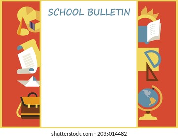 Back To School. School Bulletin Board, For School Schedule, Template, Announcements, Information And Much More. Decorated With An Image Of School Supplies.