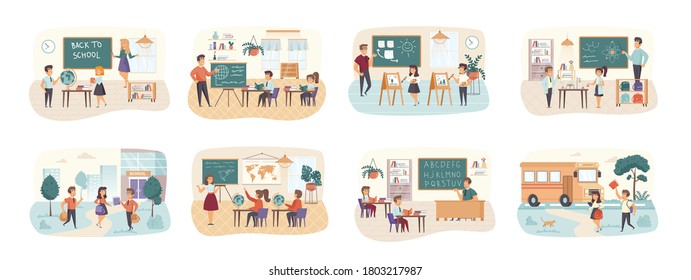 Back to school bundle of scenes with flat people characters. Pupils and teacher in classroom conceptual situations. Elementary schools education, chemistry and geography cartoon vector illustration.