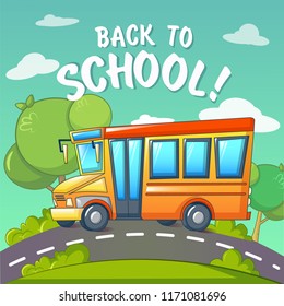 Back to school at school bus concept background. Cartoon illustration of back to school at school bus vector concept background for web design