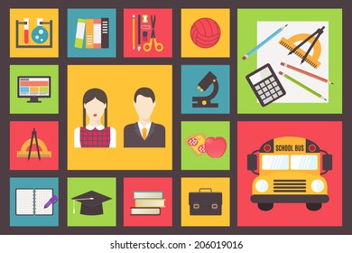 Back to school, bus and equipment vector icons set, flat design illustration.