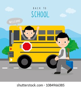 Back To School Bus Road Boy Children Student Cartoon Character Vector 