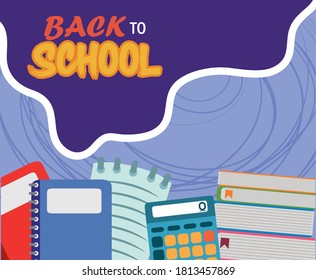 back to school, calculator books and notebooks elementary education vector illustration