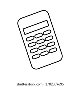 
De vuelta a la escuela. Calculadora en estilo doodle aislada en fondo blanco. Icono de firma. Ilustración del contorno del vector. Se puede utilizar como icono o símbolo. Decoración. Esbozo negro dibujado a mano.