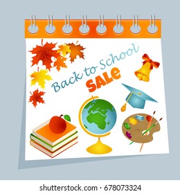 Back to school calendar sale background with autumn leaves, palette, books, bell, apple, graduate cap and text