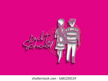 Volver a la escuela caligrafía 3d Estilo texto con niño y chica con bolsas escolares detrás de la ilustración trasera Vector Diseño.