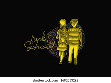 Back To School Calligraphic 3d Style Text with Boy and girl with school bags behind the back Vector illustration Design.