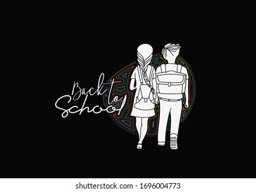 Back To School Calligraphic 3d Style Text with Boy and girl with school bags behind the back Vector illustration Design.