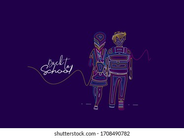 Back To School Calligraphic 3d Style Text with Boy and girl with school bags behind the back Vector illustration Design.