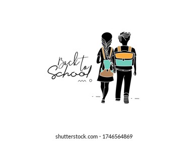 Back To School Calligraphic 3d Style Text with Boy and girl with school bags behind the back Vector illustration Design.