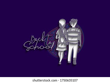 Volver a la escuela Caligrafía 3d Estilo Texto con niño y niña con bolsos escolares detrás de la ilustración trasera Vector Diseño.