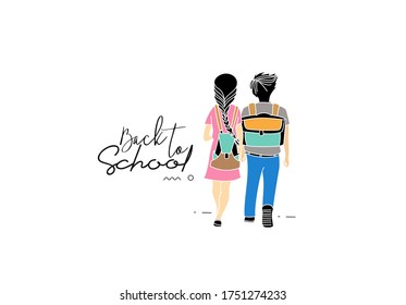 Back To School Calligraphic 3d Style Text with Boy and girl with school bags behind the back Vector illustration Design.
