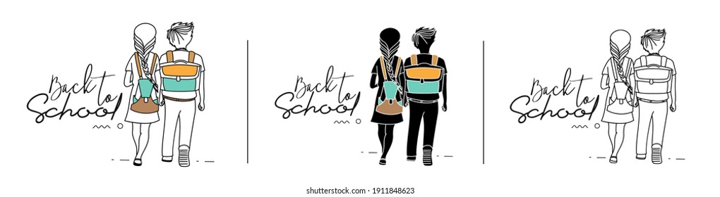 Back To School Calligraphic 3d Style Text with Boy and girl with school bags behind the back Vector illustration Design.