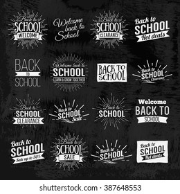 Back To School Calligraphic Designs Label On Chalkboard. Retro Style Elements. Chalk Lettering Back To School. Vintage Style Back To School Hot Deals Design Layout In Vector. Logo Lettering Poster.