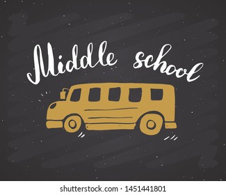 Back to School Calligraphic Lettering. Calligraphy Lettering with School Elements, sketch doodles. Hand Drawn Text Vector illustration on chalkboard background.