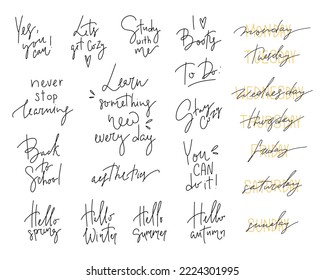 Back to School Calligraphic Lettering Set. Big collection of Handwritten inspirational quotes in stickers. Bundle of decoration for daily planner, journal, scrapbook. Vector line art
