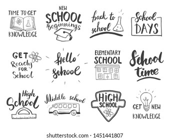 Back to School Calligraphic Letterings Set. Typographic Design. Calligraphy Lettering with School Elements sketch doodles. Hand Drawn Vector illustration.