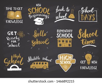 Back to School Calligraphic Letterings Set. Typographic Design. Calligraphy Lettering with School Elements sketch doodles. Hand Drawn Vector illustration on chalkboard background.