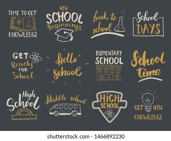 Back to School Calligraphic Letterings Set. Typographic Design. Calligraphy Lettering with School Elements sketch doodles. Hand Drawn Vector illustration.