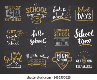 Back to School Calligraphic Letterings Set. Typographic Design. Calligraphy Lettering with School Elements sketch doodles. Hand Drawn Vector illustration on chalkboard background.
