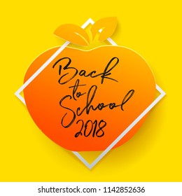 Back to school calligraphy typography on apple with geometric frame. Modern apple education symbol for web, business banners, posters, flyers. Paper art cut out craft style.