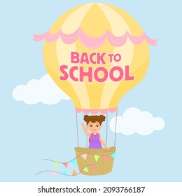 De vuelta a la carta escolar con globos de aire y nubes y una niña que ondea la mano