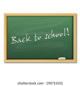 Back to school card or background. Blank chalk green board in a wood frame on white background.    Vector illustration.