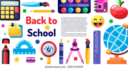 Back to school card, background. Simple flat style education icons, symbols. 