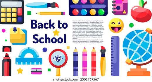 Back to school card, background. Simple flat style education icons, symbols. 
