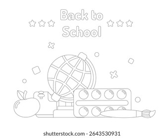 Back to school card, background. Simple flat style education icons, symbols. Coloring page