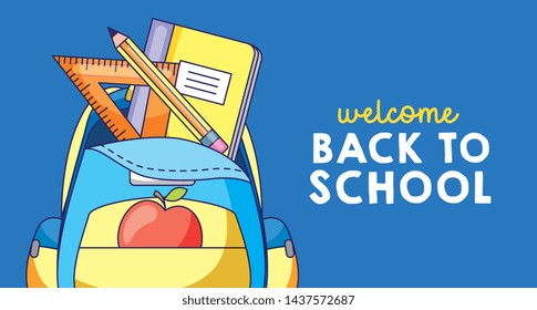 Back to school card backpack with utensils cartoons - vector editable illustration image