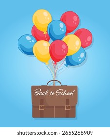 Back to school card with school bag flying on colorful balloon stack in flat cartoon style