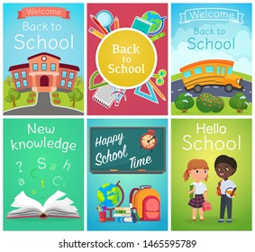 Back to school card banner templates vector design set with pupils and school supplies. School topic flyer, magazines, posters, book cover design.
